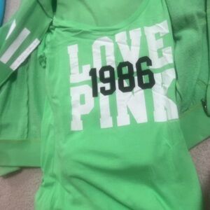 PINK Victoria's Secret Green Sweatshirt /pants with Bold LOVE PINK 1986 Print